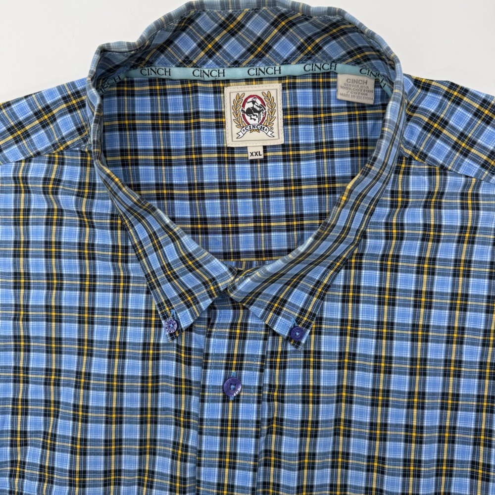 Cinch Button Down Shirt Mens XXL Blue Yellow Plaid Short Sleeve Western Cotton